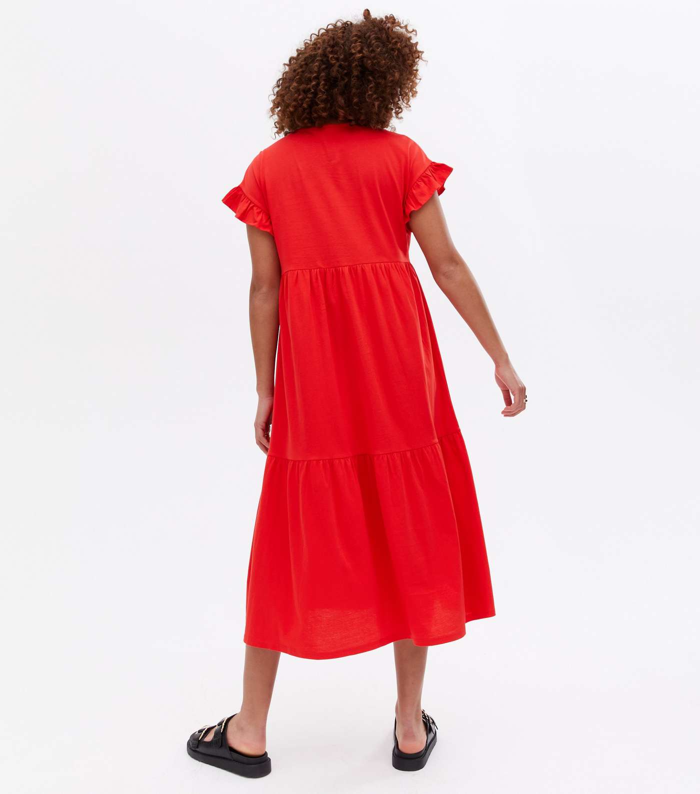 Red Jersey Frill Tiered Midi Smock Dress Image 4