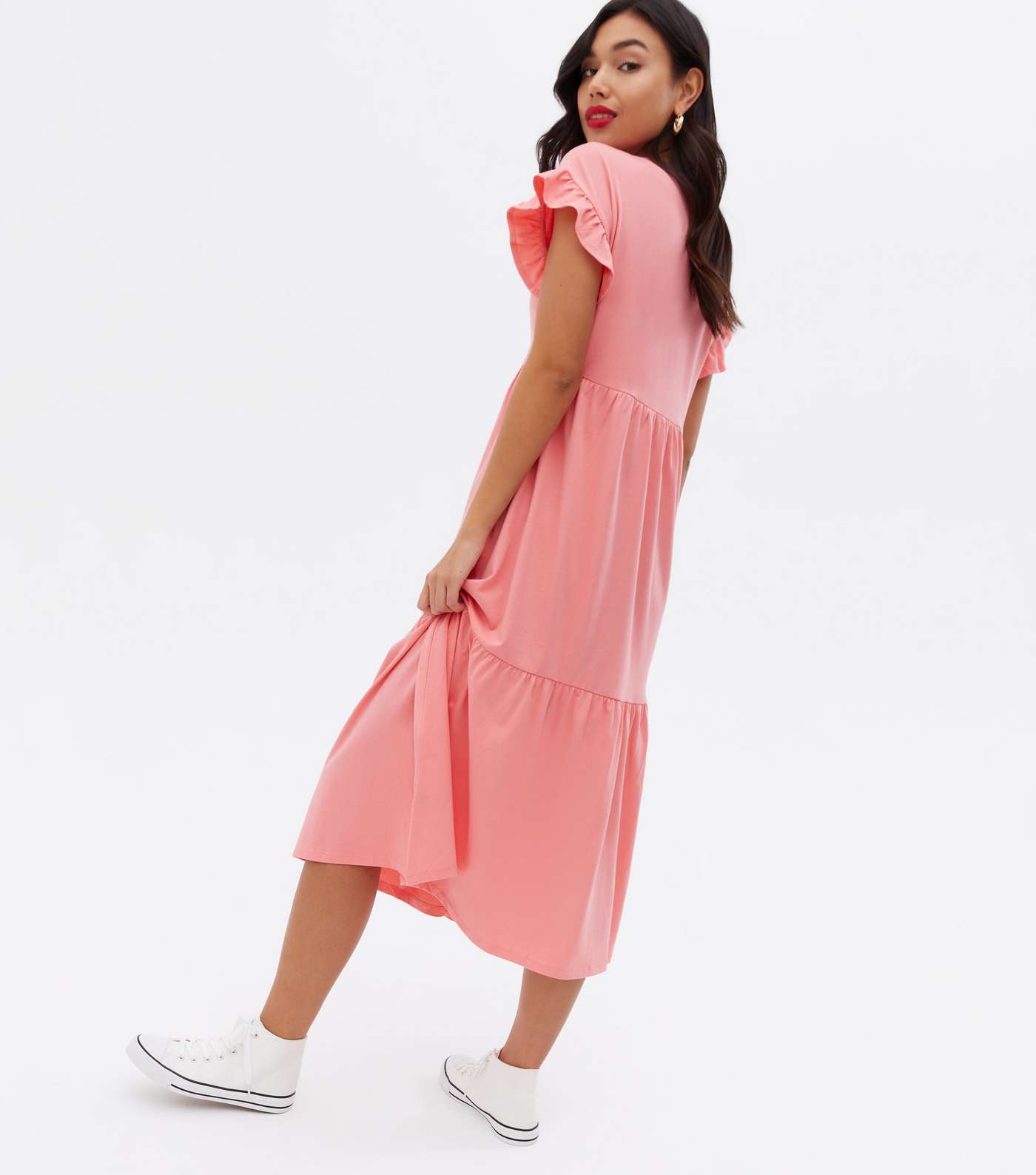 Pink Jersey Frill Tiered Midi Smock Dress Image 4