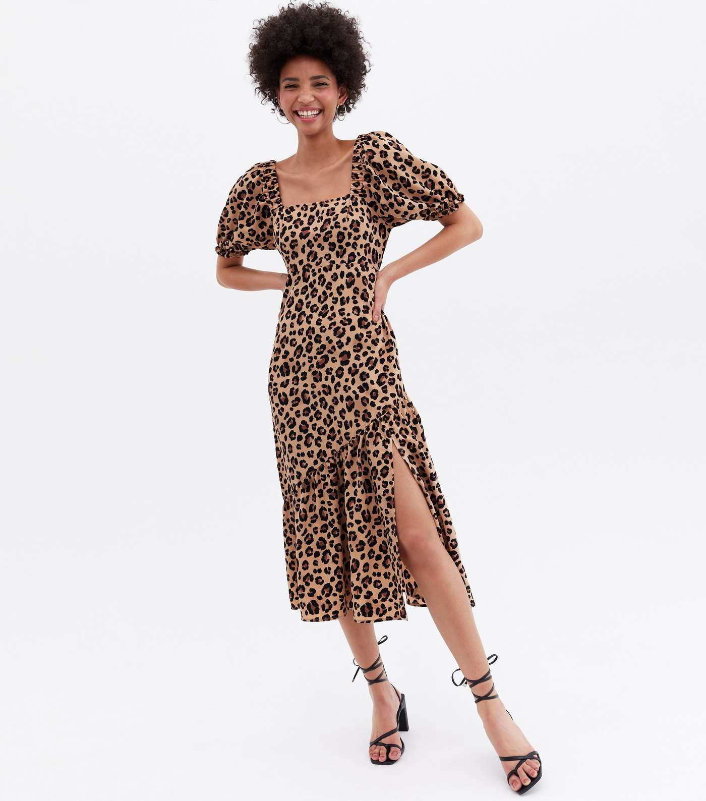 Brown Leopard Print Cross Back Tiered Midi Dress Image 2