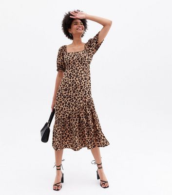 Brown Leopard Print Cross Back Tiered Midi Dress New Look