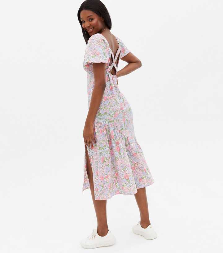 Pink Floral Cross Back Tiered Midi Dress