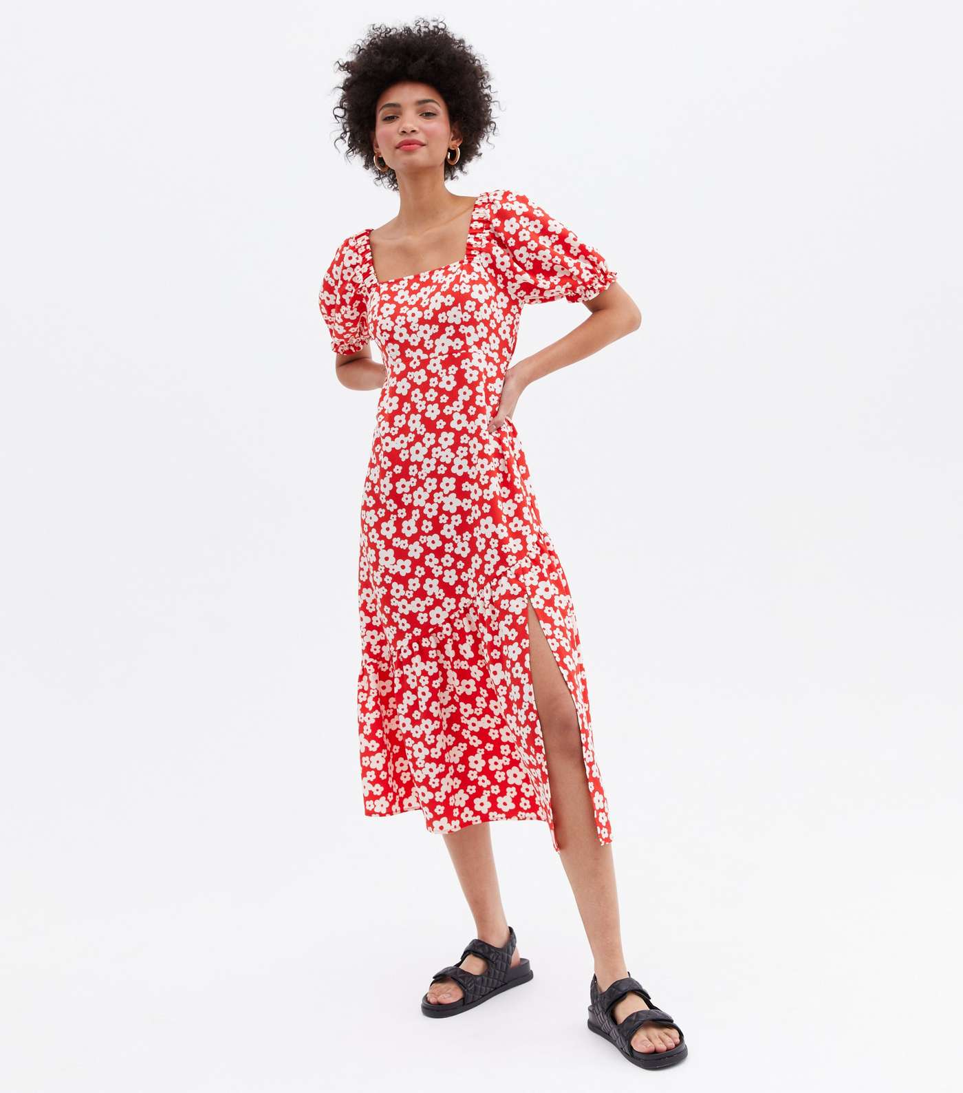 Red Floral Cross Back Tiered Midi Dress