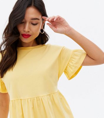 Pale Yellow Frill Crew Neck Mini Smock Dress New Look