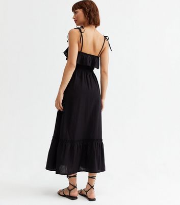 Black Linen Look Shirred Frill Strappy Tiered Midi Dress New Look