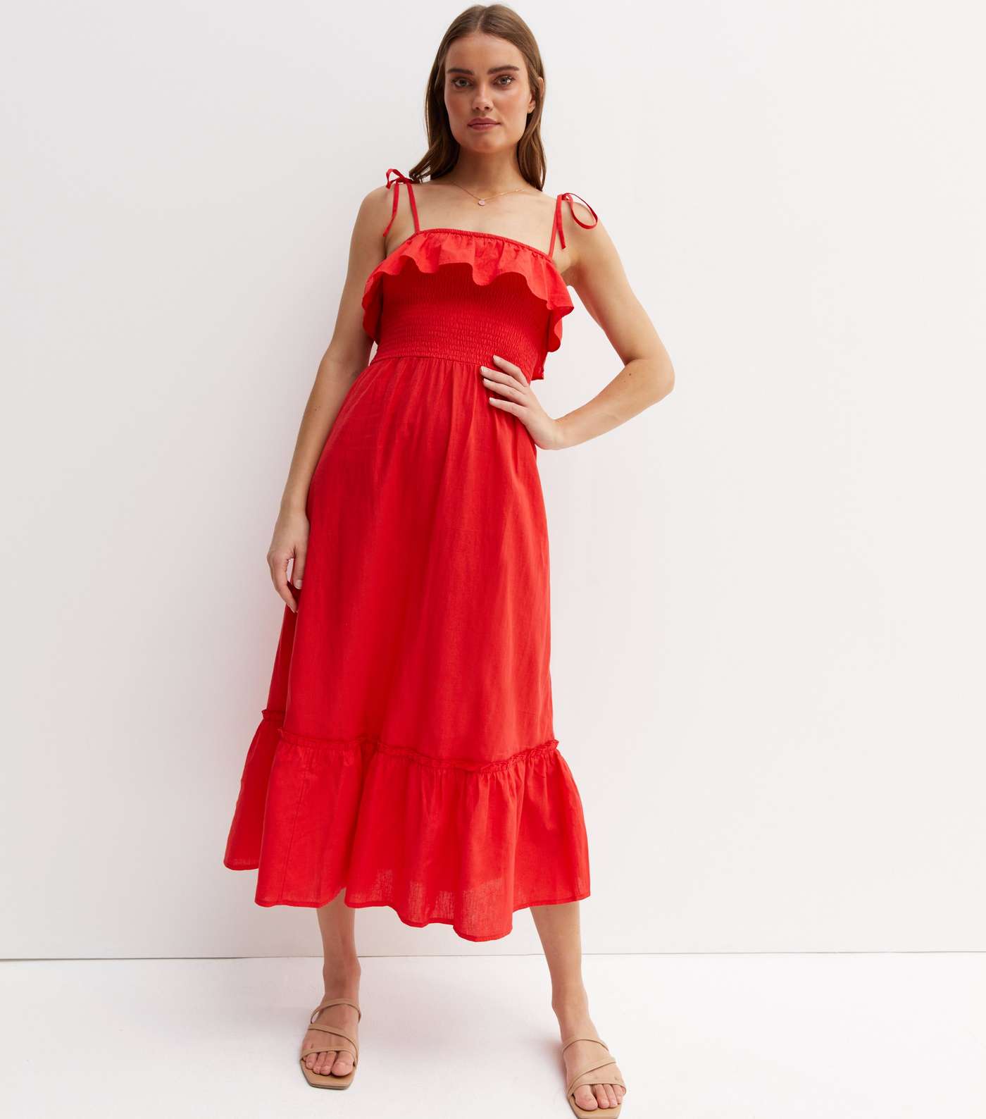 Red Linen-Look Shirred Frill Strappy Tiered Midi Dress