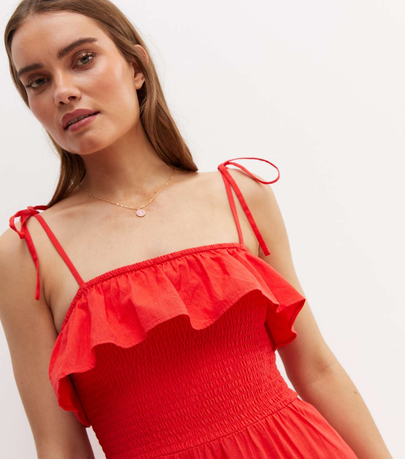 Red Linen-Look Shirred Frill Strappy Tiered Midi Dress Image 3