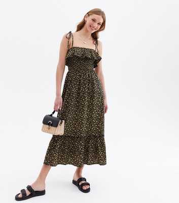 Black Ditsy Floral Linen-Look Shirred Midi Dress
