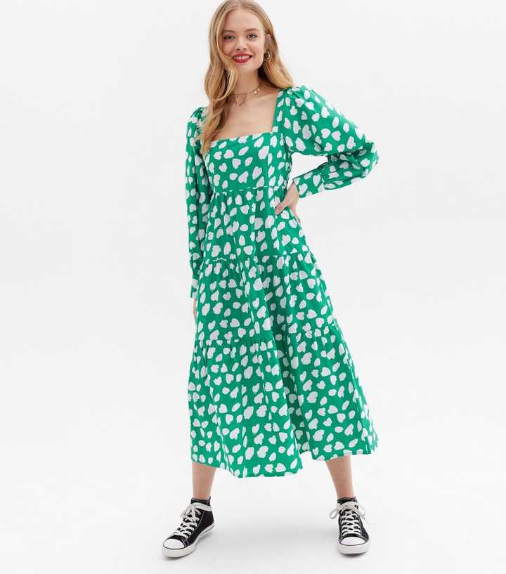Green Spot Poplin Square Neck Midaxi Dress