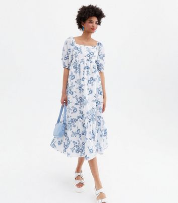 White Floral Tie Back Tiered Midi Dress 