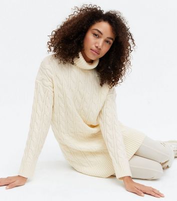 Blue Vanilla Cream Cable Knit Roll Neck Long Jumper New Look