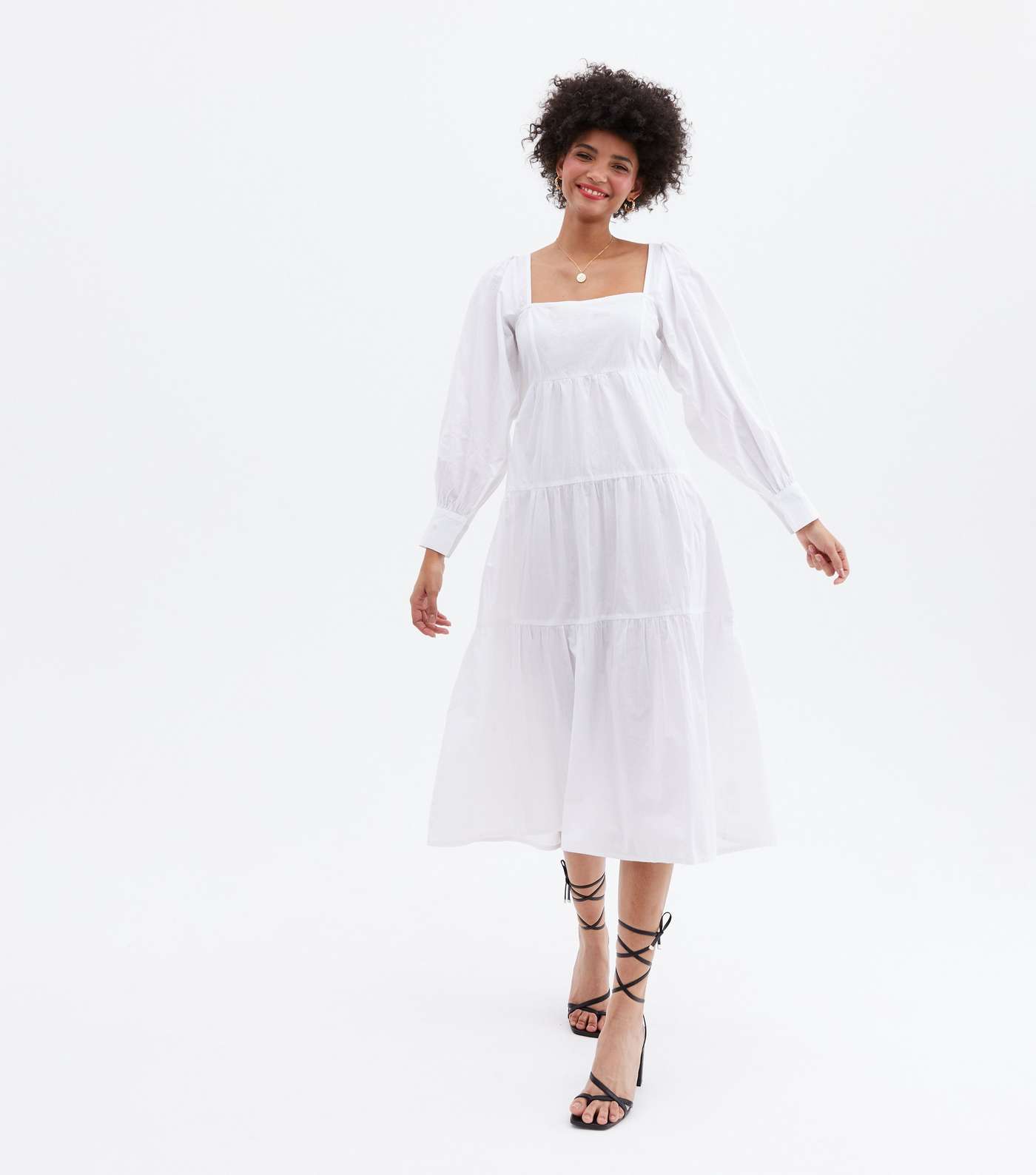 White Poplin Square Neck Tiered Midaxi Dress