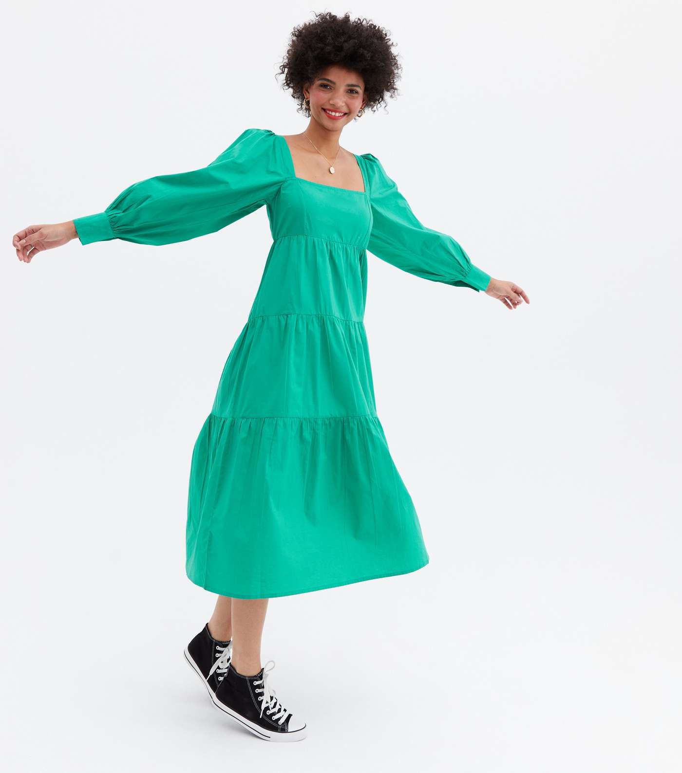 Green Poplin Square Neck Tiered Midaxi Dress