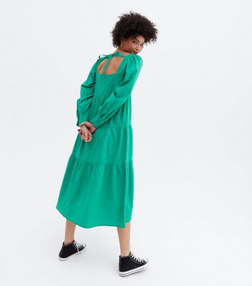 Green Poplin Square Neck Tiered Midaxi Dress New Look