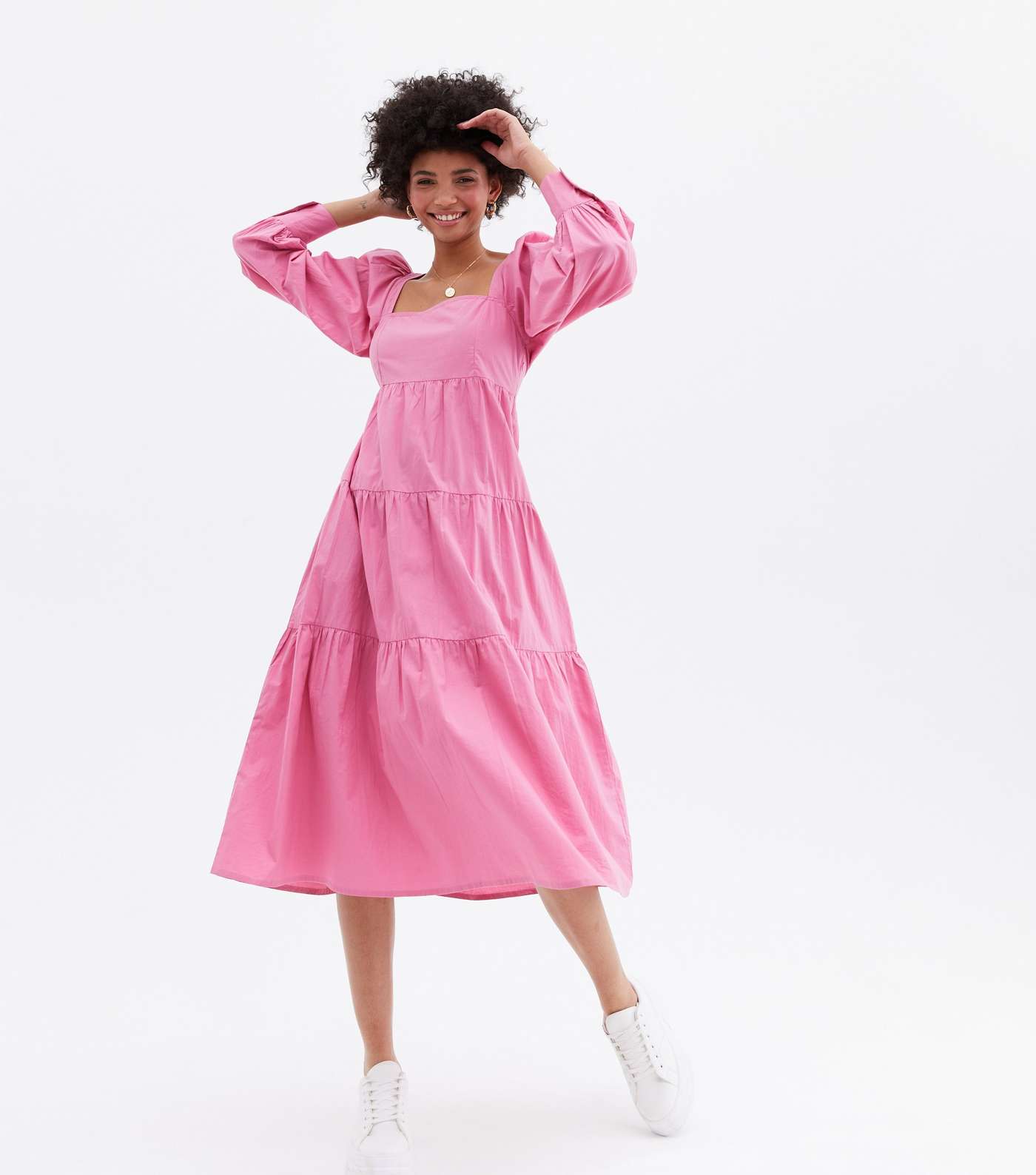 Bright Pink Poplin Square Neck Tiered Midaxi Dress