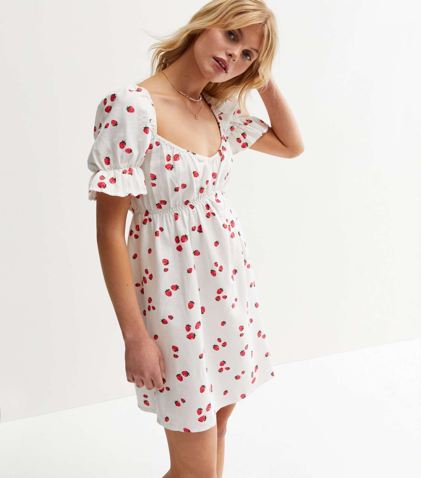 White Linen-Look Strawberry Mini Dress Image 3