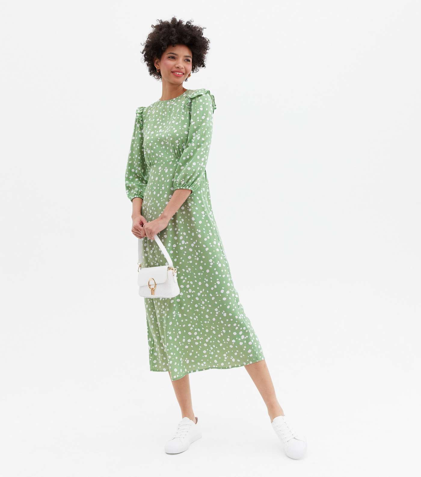 Green Spot Frill Shoulder Midi Dress Image 2