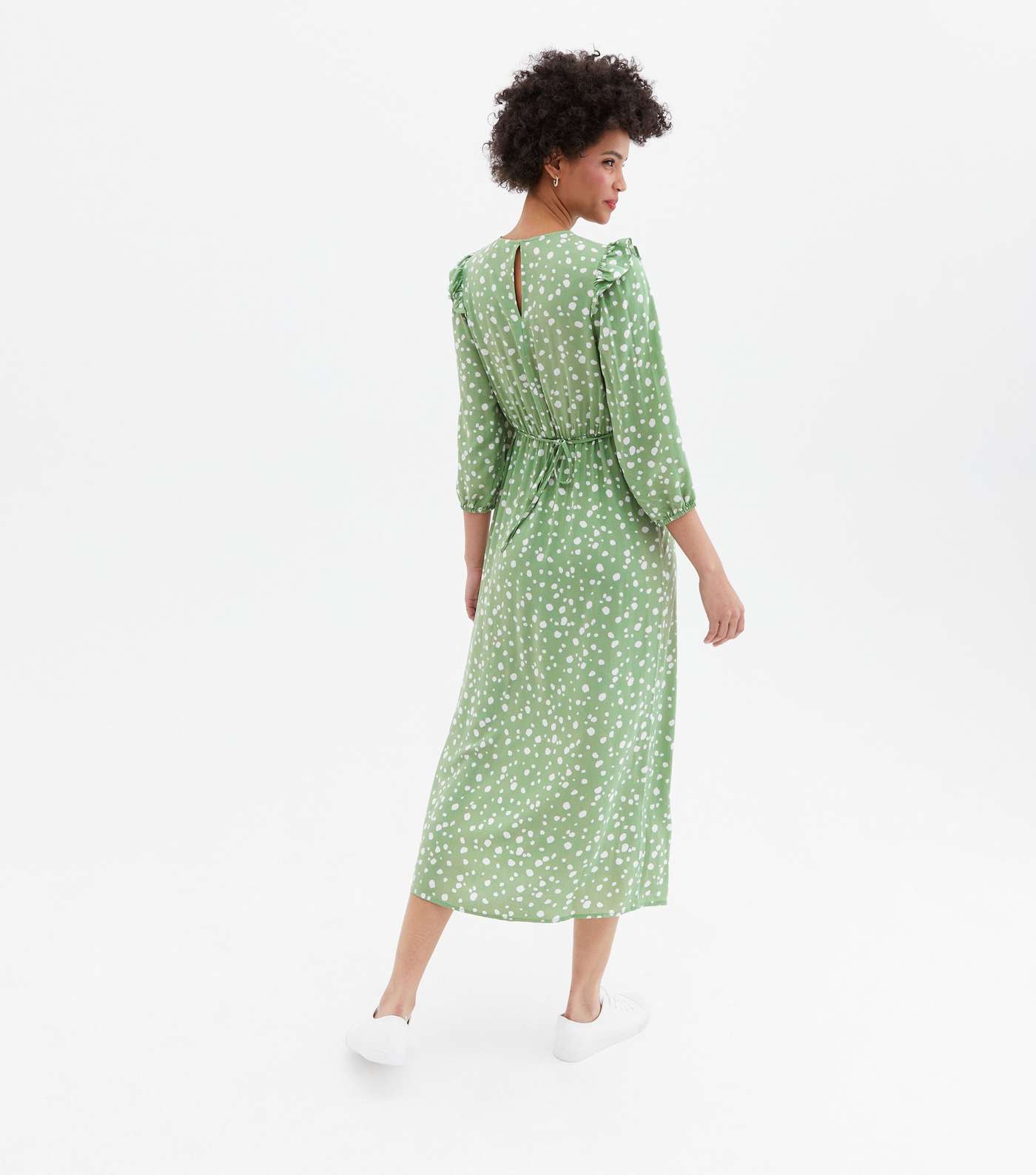 Green Spot Frill Shoulder Midi Dress Image 4