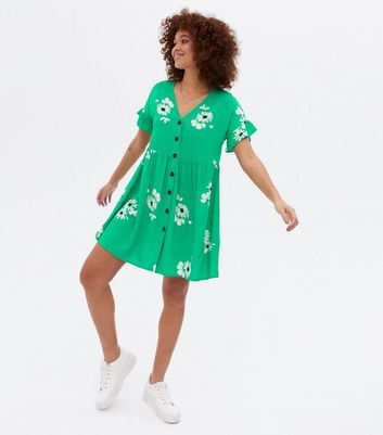 Green Floral Button Front Mini Smock Dress New Look