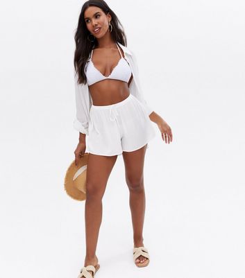 White Crinkle Tie Waist Beach Shorts 