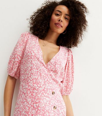 Click to view product details and reviews for Tall Pink Floral Button Side Midi Wrap Dress New Look.