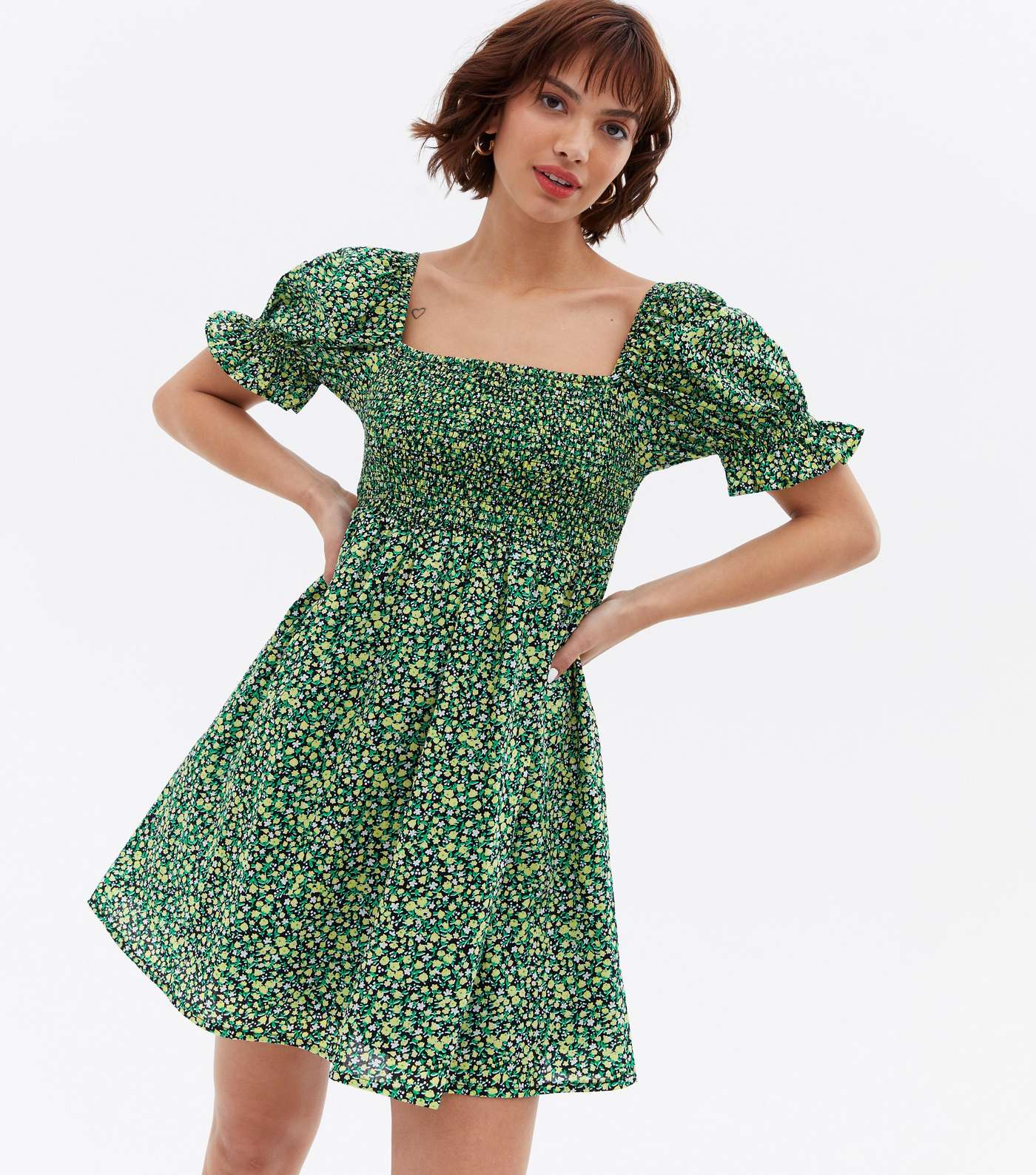 Green Ditsy Floral Shirred Square Neck Mini Dress