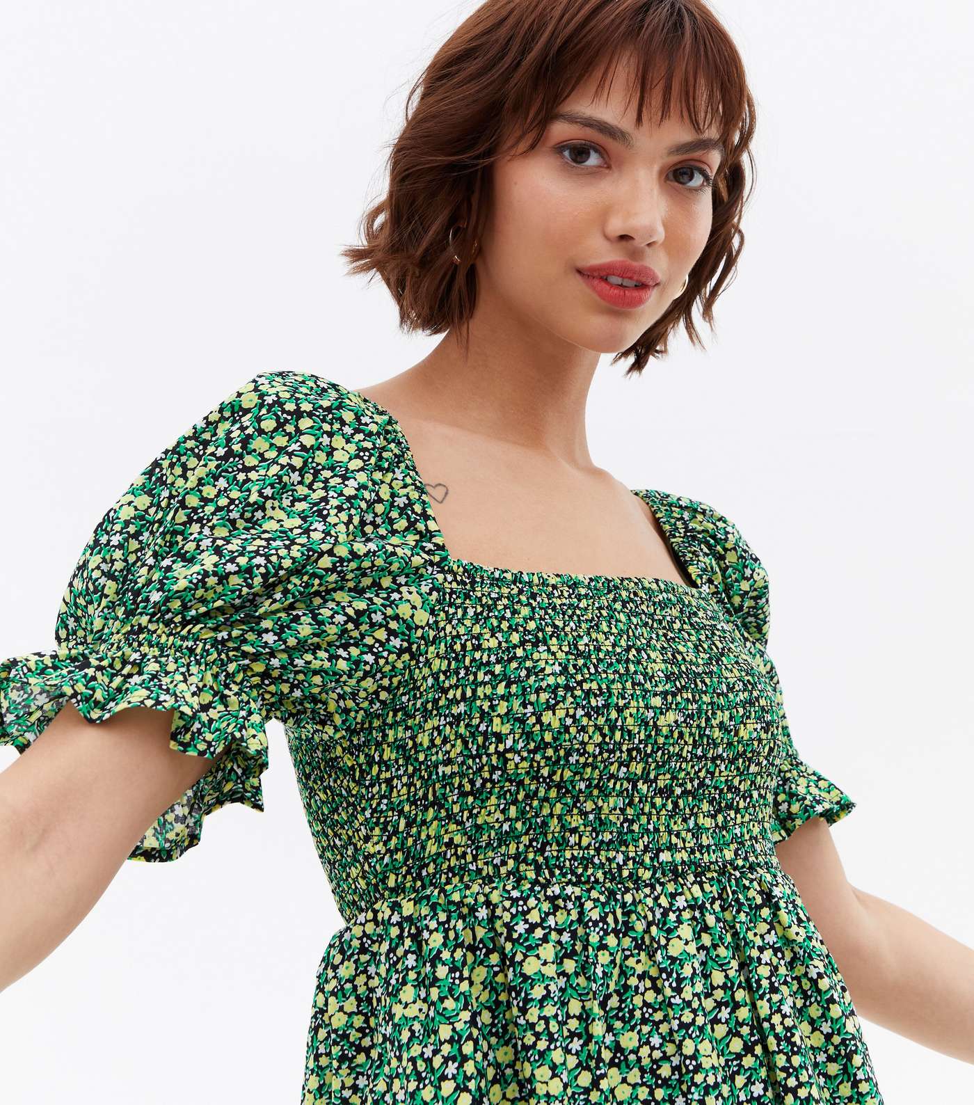 Green Ditsy Floral Shirred Square Neck Mini Dress Image 3