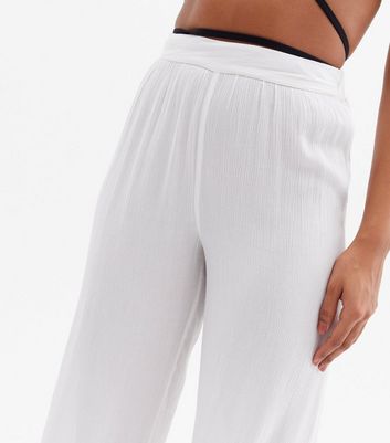White Crinkle Wide Leg Split Hem 