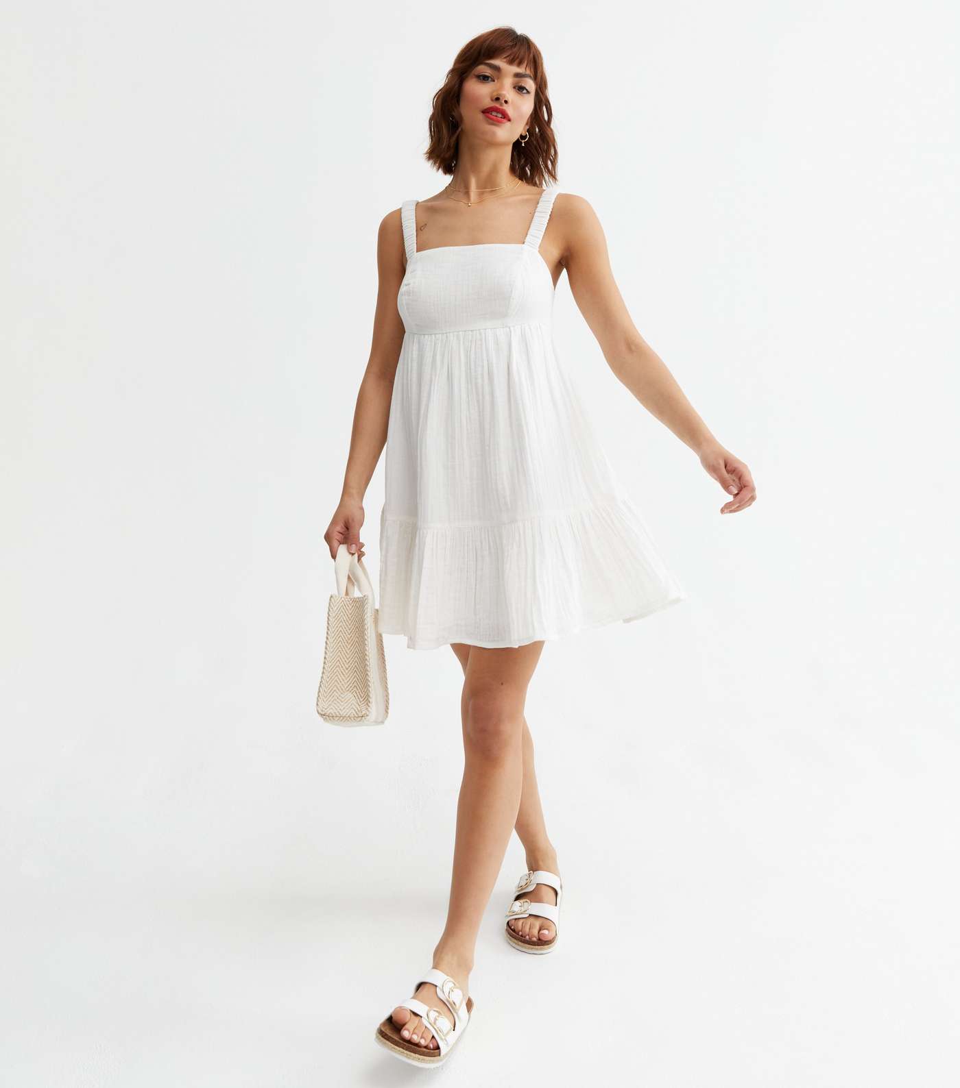 White Seersucker Tiered Mini Dress Image 2