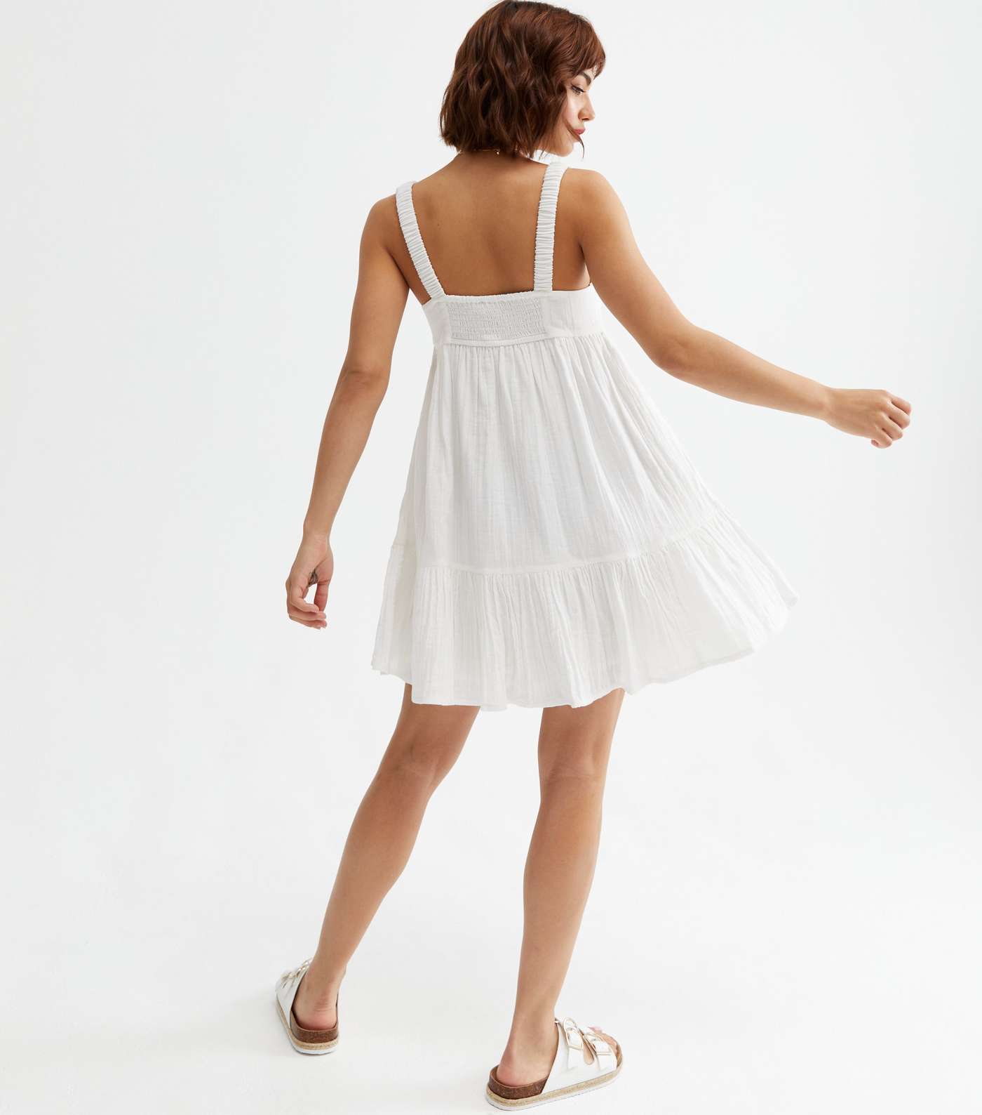 White Seersucker Tiered Mini Dress Image 4