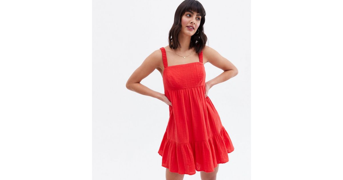 Red Seersucker Tiered Mini Dress | New Look