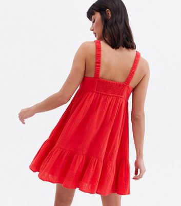 Red Seersucker Tiered Mini Dress New Look