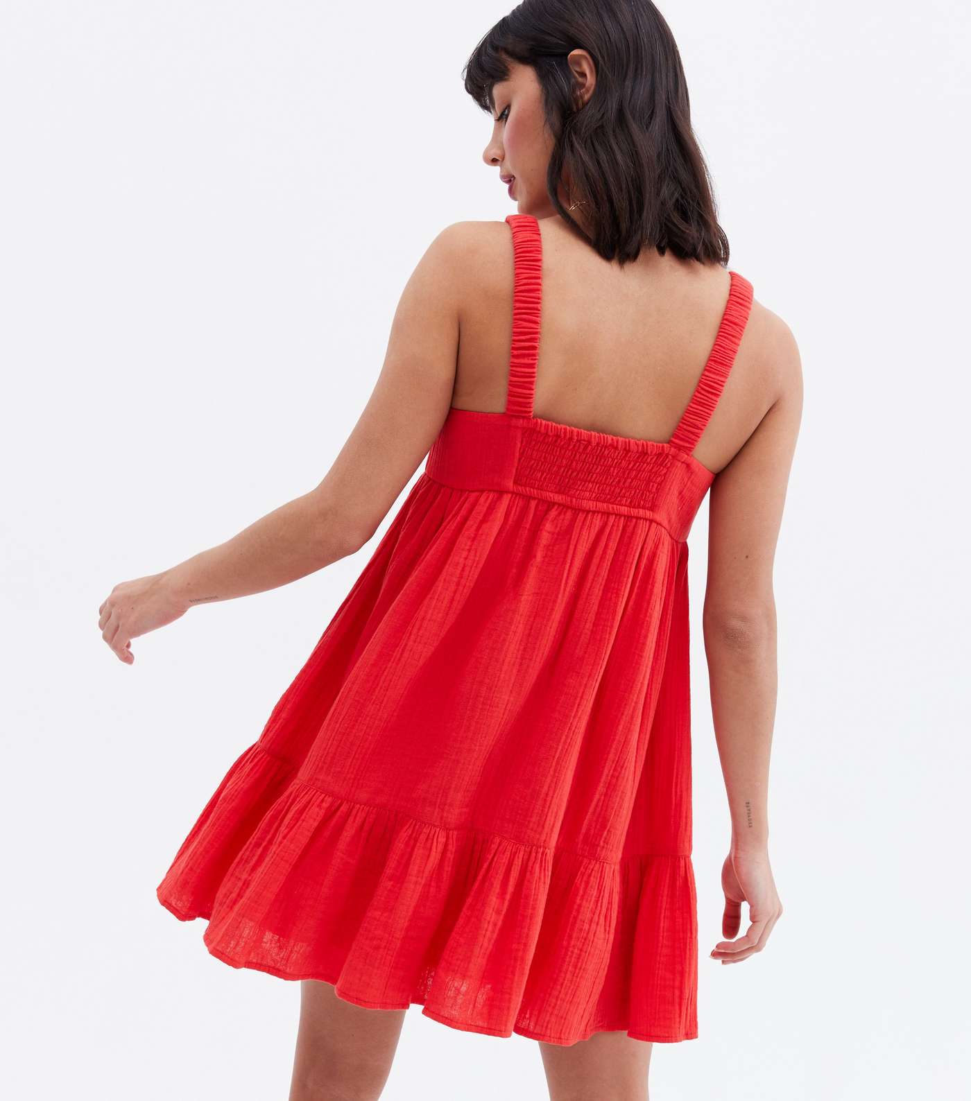 Red Seersucker Tiered Mini Dress Image 4