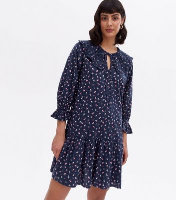 Blue Floral Tie Collar Tiered Mini Smock Dress