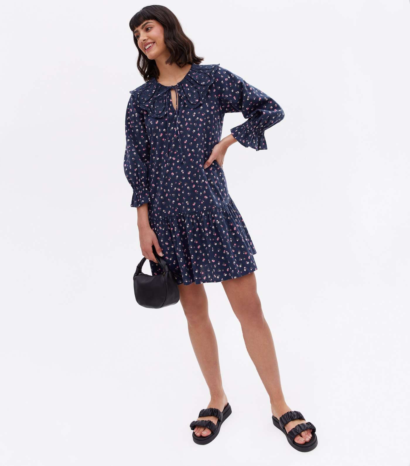 Blue Floral Tie Collar Tiered Mini Smock Dress Image 2