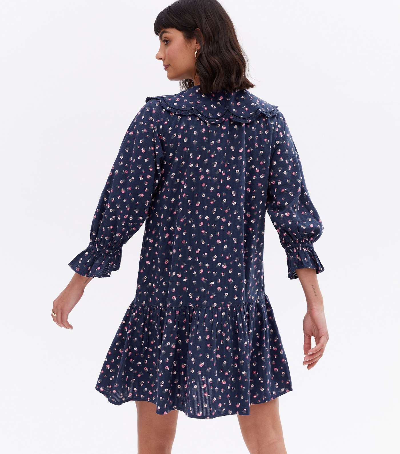 Blue Floral Tie Collar Tiered Mini Smock Dress Image 4
