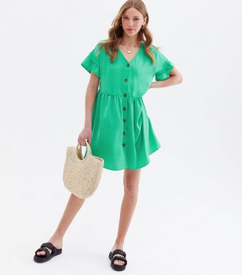 Green Herringbone Button Front Mini Smock Dress New Look