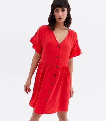 Red Herringbone Button Front Mini Smock Dress New Look