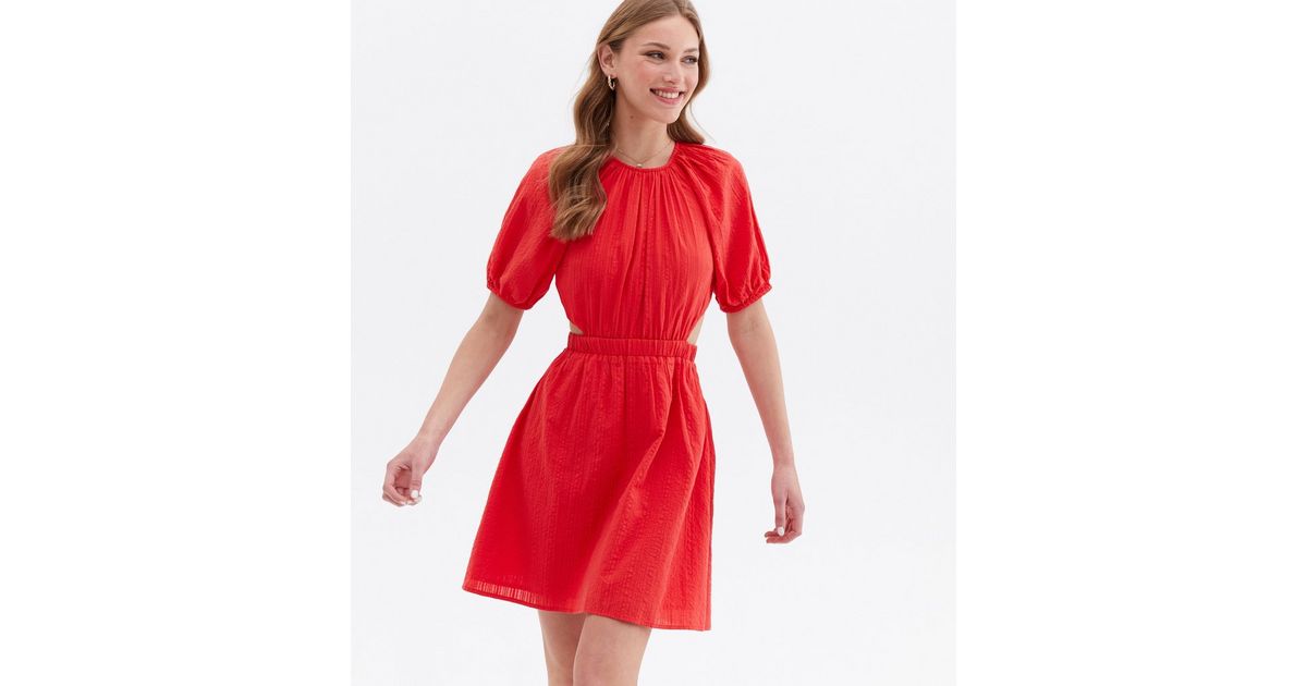 Red Seersucker Cut Out Mini Dress | New Look