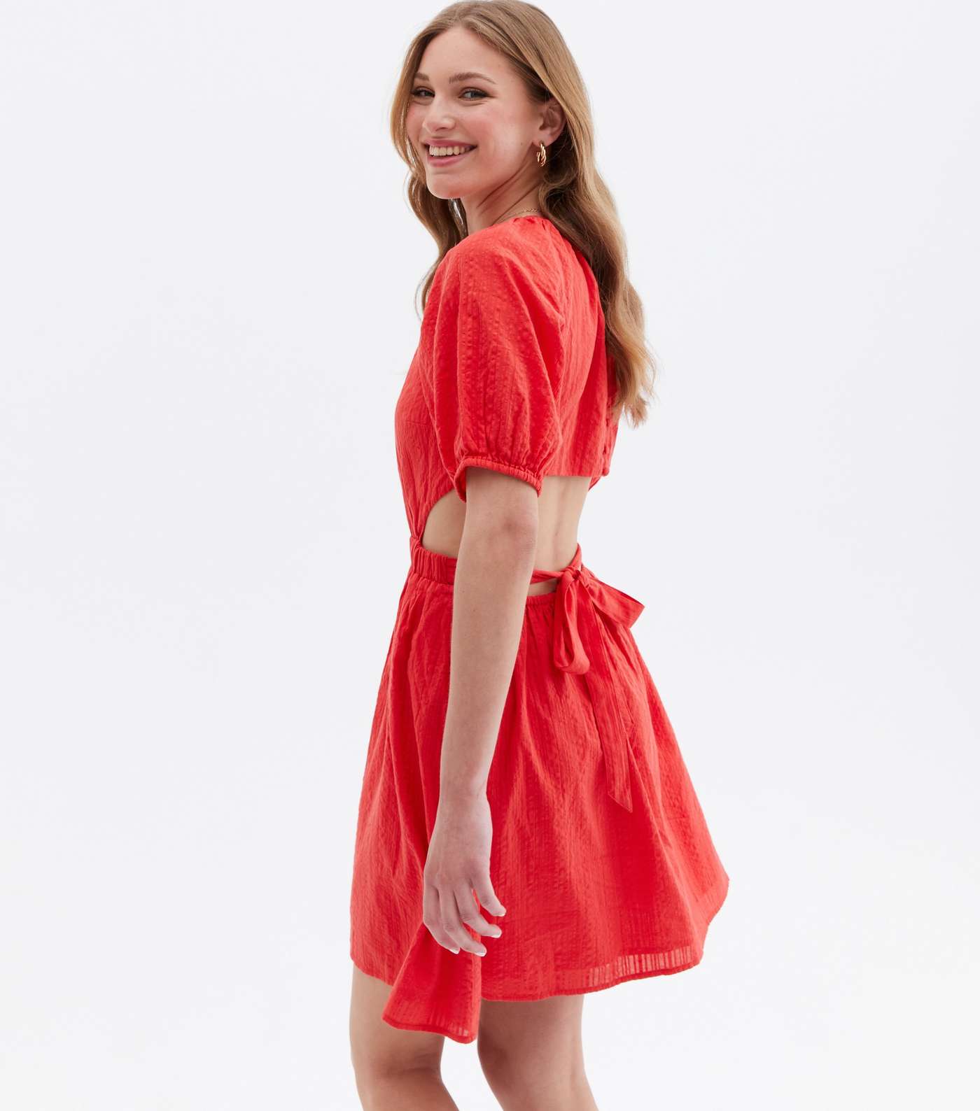 Red Seersucker Cut Out Mini Dress Image 2