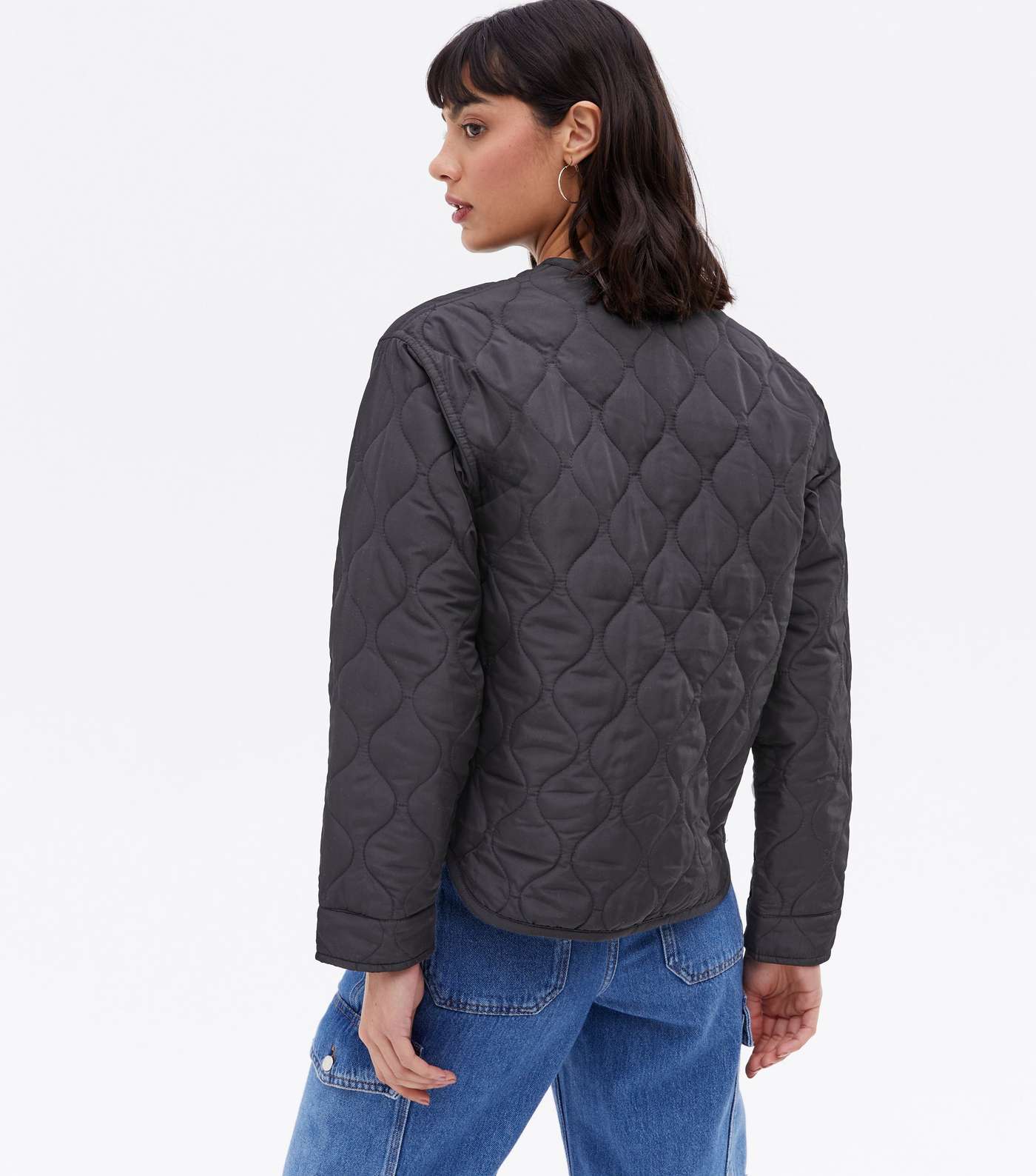 Black Quilted Collarless Jacket Image 4