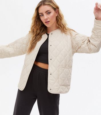 Stone Quilted Collarless Jacket New Look