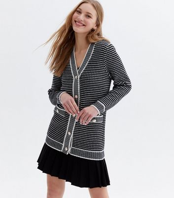 Black Stripe Stitch Button Front Long Cardigan New Look