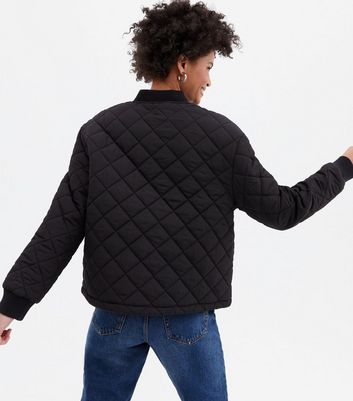 Black Quilted Long Sleeve Bomber Jacket 