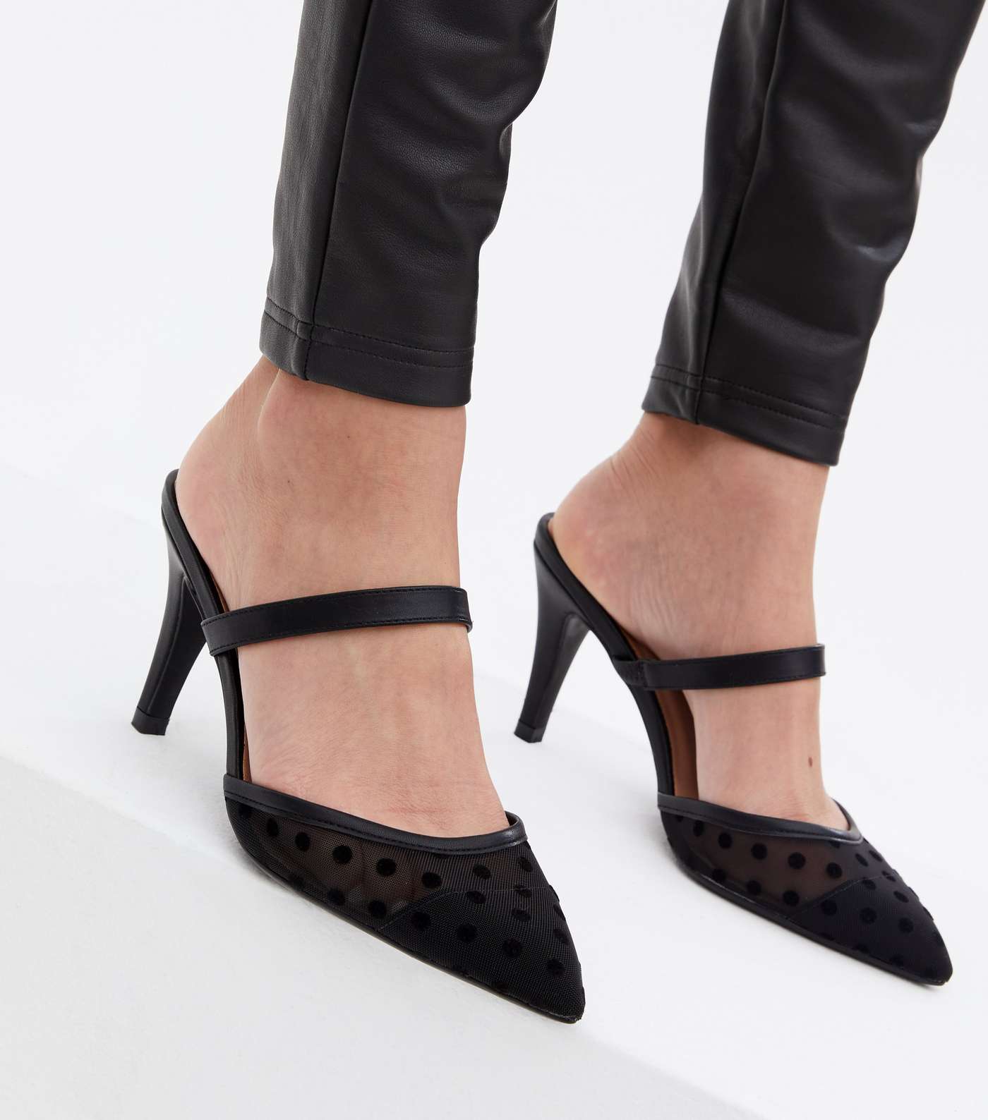 Wide Fit Black Spot Mesh Mid Heel Court Shoes Image 2