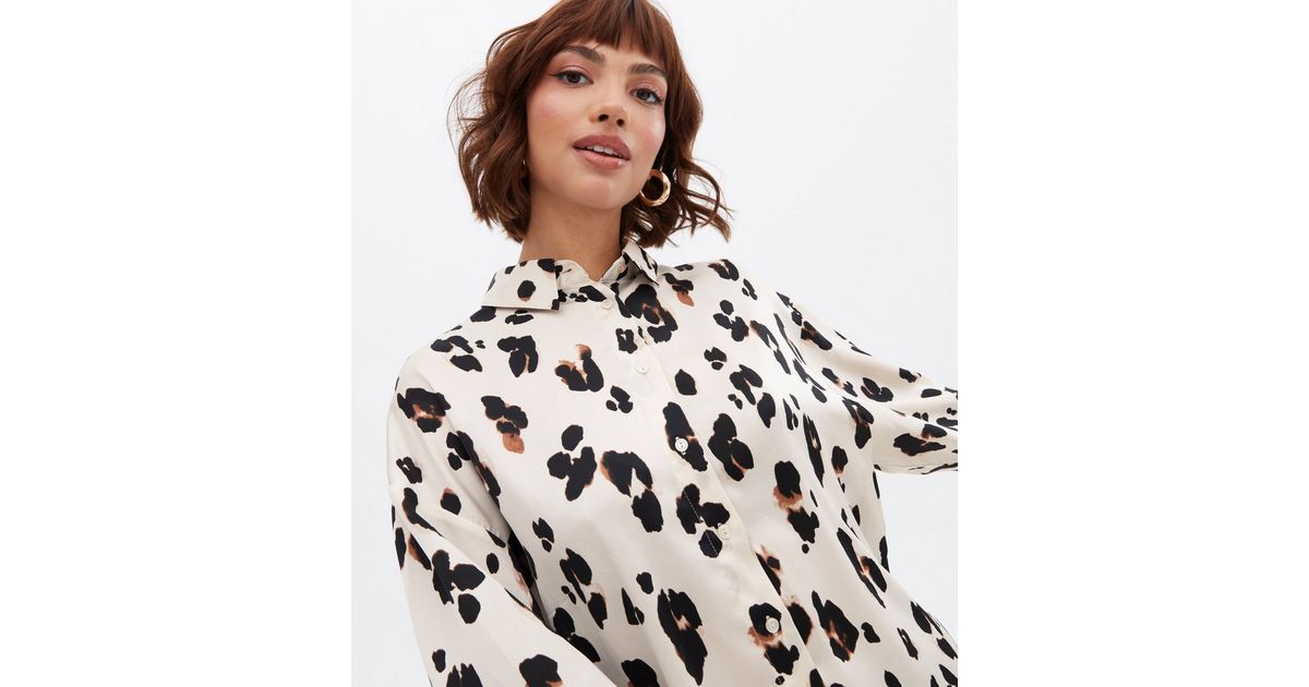 White Leopard Print Satin Oversized Shirt | New Look