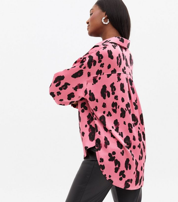 Pink Leopard Print Satin Oversized Shirt | New Look
