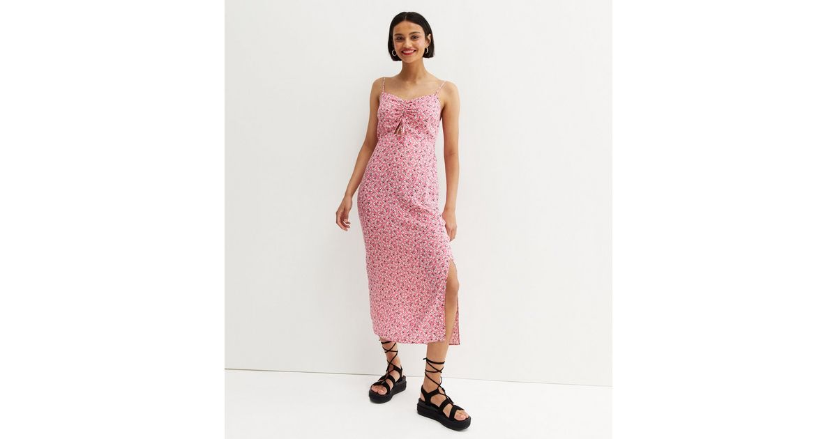 Pink Ditsy Floral Ruched Front Strappy Midi Dress | New Look
