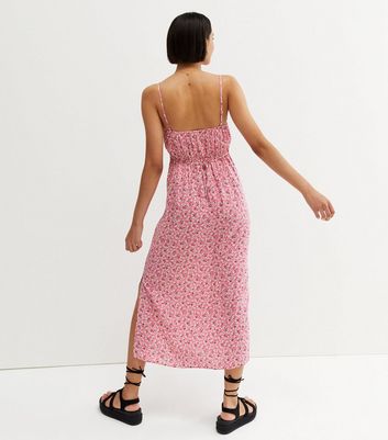 Pink Ditsy Floral Ruched Front Strappy Midi Dress New Look