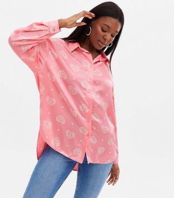 Pink Heart Satin Oversized Shirt | New Look