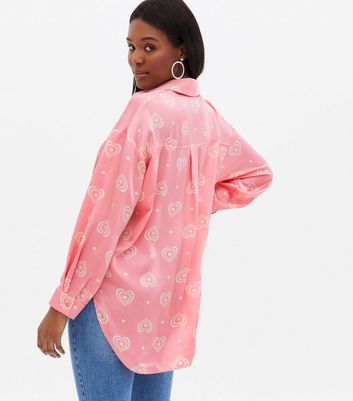 Pink Heart Satin Oversized Shirt | New Look